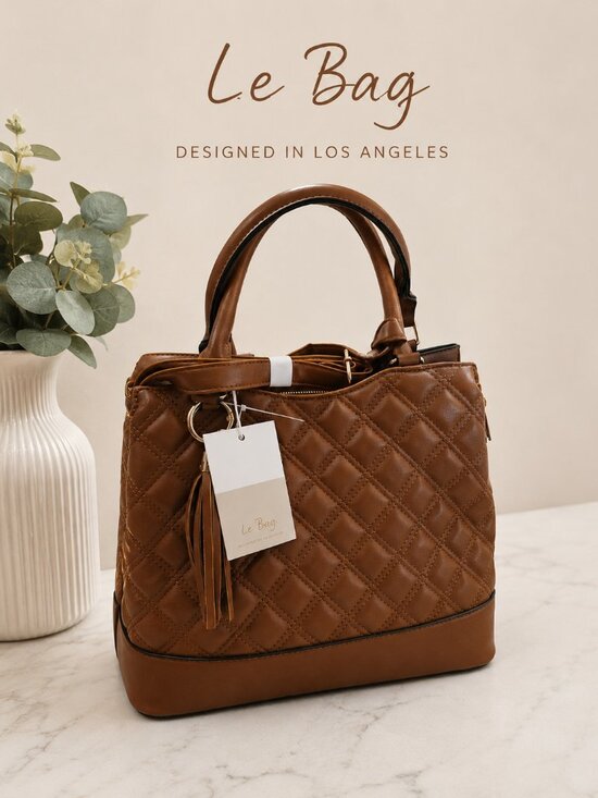 Le bag Handbags - Le Bag Los Angeles Quilted Satchel Cognac Brown Tassel Crossbody Handbag NEW